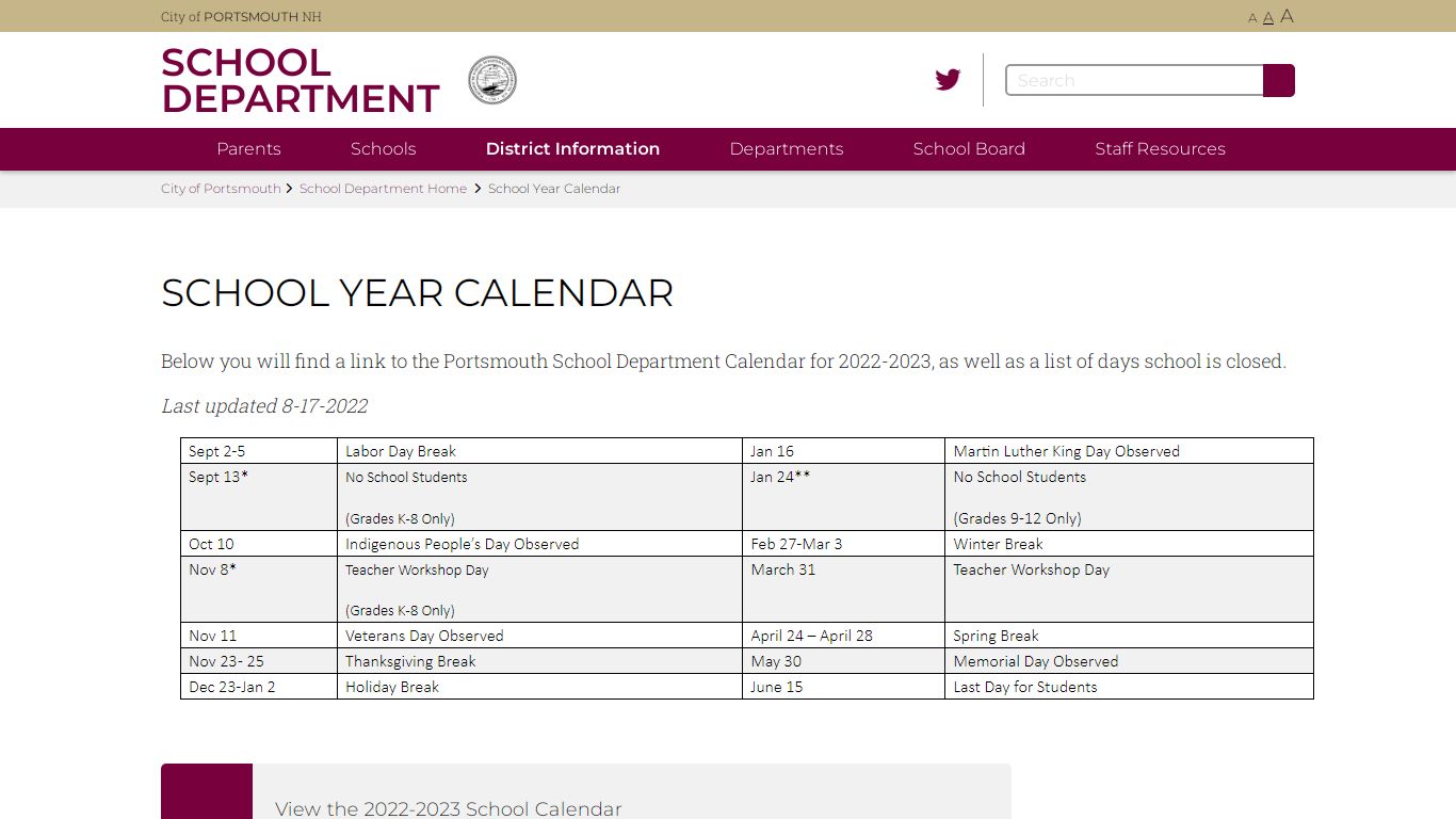 School Year Calendar | City of Portsmouth